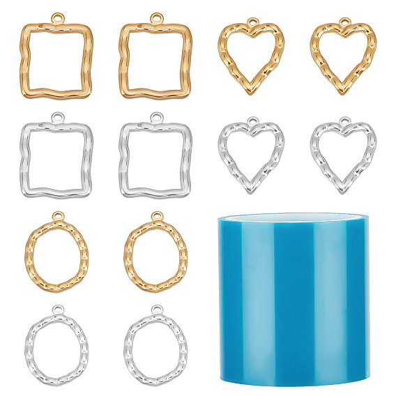12 шт. 3 стили сердце, квадрат и овал 304 подвески с открытой задней частью из нержавеющей стали, 1 рулонная бесшовная бумажная лента, поделки из эпоксидной смолы