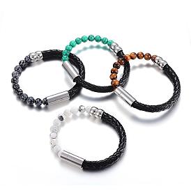 Microfiber Leather Cord Bracelets, with 304 Stainless Steel Glaze Magnetic Buckle and Gemstone Bead