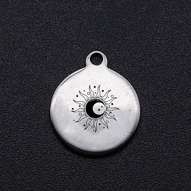 201 Stainless Steel Charms, Flat Round, Single-Sided Sun Pattern