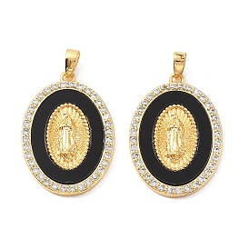 Латунный микропаве кубический цирконий с акриловыми подвесками, овал с девственной рисунком мэри, без кадмия и без свинца, реальный 18 k позолоченный