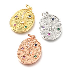 Brass Micro Pave Colorful Cubic Zirconia Pendants, Long-Lasting Plated, with Jump Ring, Oval with Moon & Star