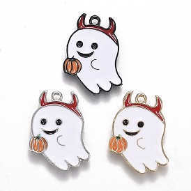 Halloween Theme Alloy Enamel Pendants, White Ghost with Pumpkin Lantern