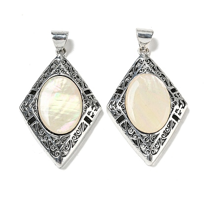 Natural Shell Big Pendants, Antique Silver Plated Alloy Rhombus Charms