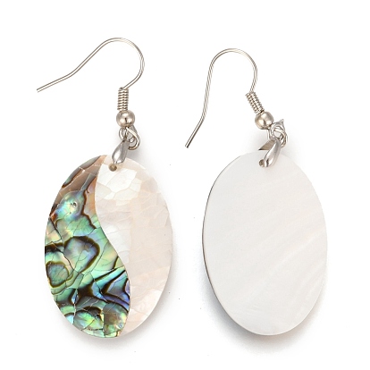 White Shell & Abalone Shell/Paua Shell Dangle Earrings, with Brass Ice Pick Pinch Bails and Earring Hooks, Oval