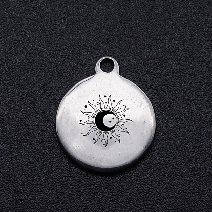201 Stainless Steel Charms, Flat Round, Single-Sided Sun Pattern