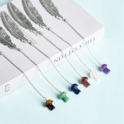 Natural Gemstone Mushroom Bookmarks, with Alloy Feather