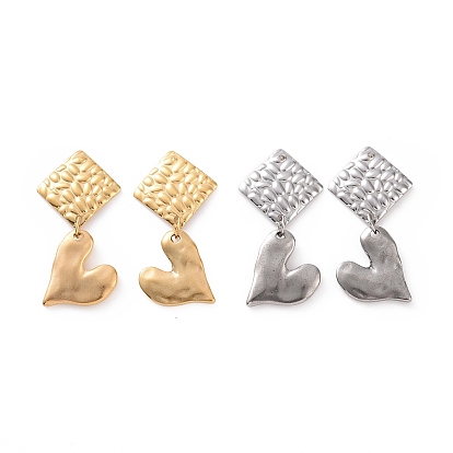 304 Stainless Steel Heart with Rhombus Dangle Stud Earrings for Women