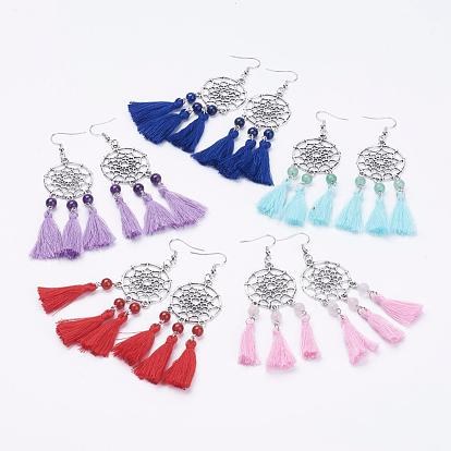 Cotton Thread Tassels Dangle Earrings, with Gemstone Beads, Alloy Chandelier Components Links and Brass Earring Hooks