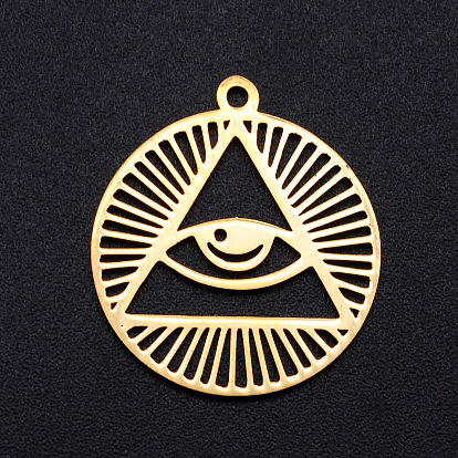 201 Stainless Steel Pendants, Filigree Joiners Findings, Laser Cut, Flat Round with Eye, All Seeing Eye