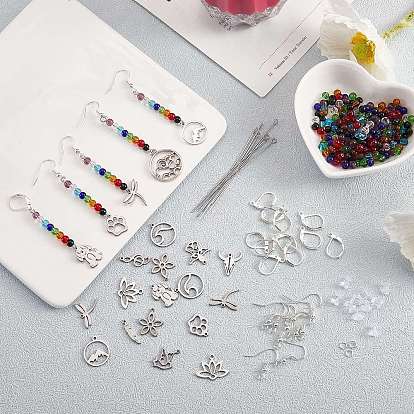 DIY Earring Making Kits, Including Flower & Mountain 304 & 201 Stainless Steel & Alloy Pendant, Glass Beads, Brass Earring Findings