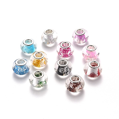 Transparent Glass European Beads, Large Hole Rondelle Beads, with Glitter Sequins and Platinum Tone Brass Double Cores