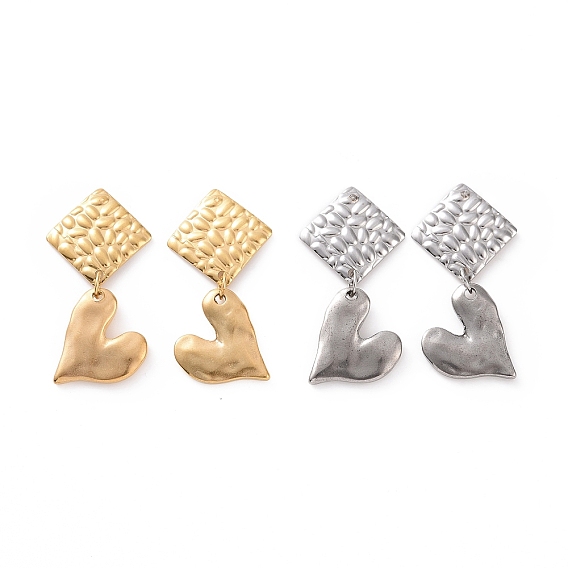304 Stainless Steel Heart with Rhombus Dangle Stud Earrings for Women