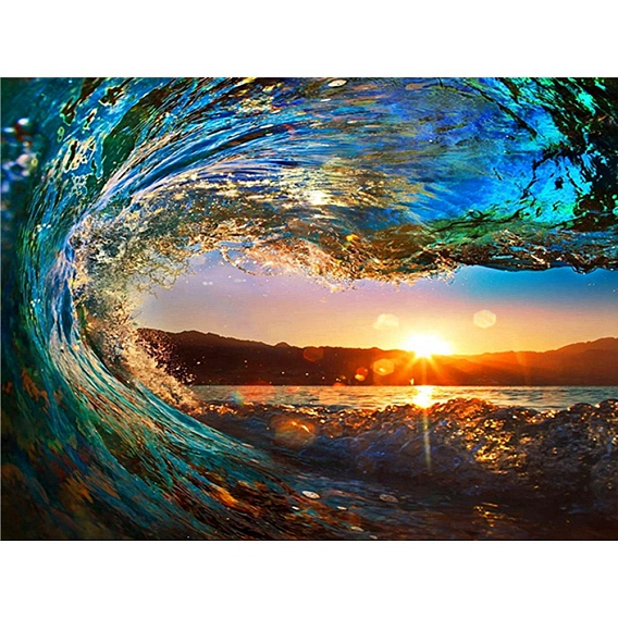 Ocean Wave Sunset Scenery 5D Diamond Painting Kits for Adult Beginners, DIY Full Round Drill Picture Art, Rhinestone Gem Paint Kits for Home Wall Decor