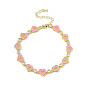 Pink Enamel Heart & Cubic Zirconia Link Chain Bracelet, Brass Jewelry for Women