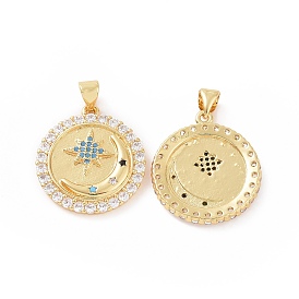 Brass Micro Pave Cubic Zirconia Pendants, Flat Round with Crescent Moon & Star Charm
