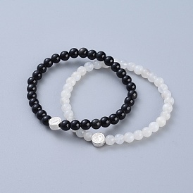 Mixed Gemstone Beaded Stretch Bracelets, with 925 Sterling Silver Beads and Jewelry Box, Flat Round with Yin Yang