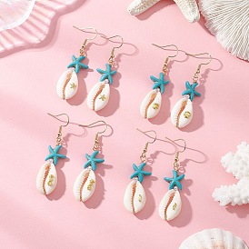 Серьги-подвески из натуральных смешанных ракушек каури, морская звезда, с синтетической бирюзой и искусственным жемчугом из АБС-пластика, а также фурнитурой для сережек из сплава и нержавеющей стали