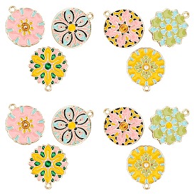 Golden Plated Alloy Enamel Pendants, Baroque Style, Flat Round with Flower, Mixed Color