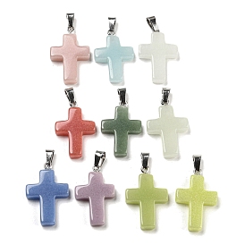 Synthetic Luminous Stone Dyed Pendants, Glow in the Dark Cross Charms with Platinum Plated Iron Snap on Bails