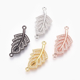 Brass Micro Pave Cubic Zirconia Links, Lead Free & Cadmium Free & Nickel Free, Long-Lasting Plated, Leaf, Clear