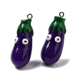Cartoon Opaque Resin Vegetable Pendants, Funny Eye Eggplant Charms with Platinum Plated Iron Loops