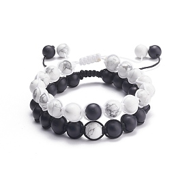 2Pcs 2 Style Round Natural Howlite & Glass Braided Bead Bracelets Set, Gemstone Jewelry for Women