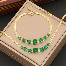 Collier carré vert - chaîne clavicule acier inoxydable bijoux fantaisie n