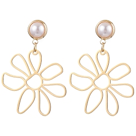 Brass Stud Earrings, with Plastic Imitation Pearl and 201 Stainless Steel Flower