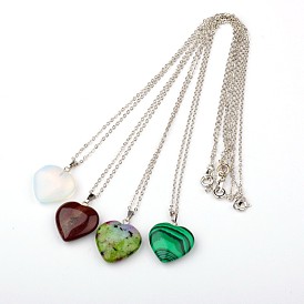 Gemstone Heart Pendant Necklaces, with Brass Chains and Brass Spring Ring Clasps, Platinum, 18 inch 