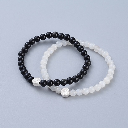Mixed Gemstone Beaded Stretch Bracelets, with 925 Sterling Silver Beads and Jewelry Box, Flat Round with Yin Yang