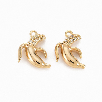 Brass Micro Pave Clear Cubic Zirconia Charms, Nickel Free, Banana