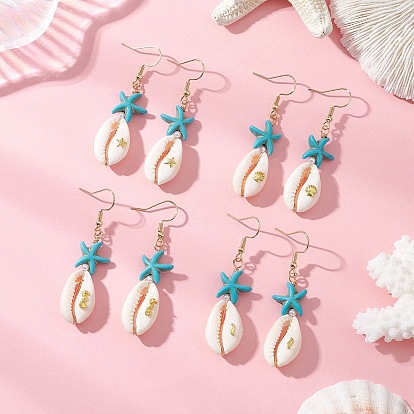 Серьги-подвески из натуральных смешанных ракушек каури, морская звезда, с синтетической бирюзой и искусственным жемчугом из АБС-пластика, а также фурнитурой для сережек из сплава и нержавеющей стали