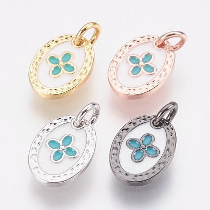 Brass Enamel Charms, Lead Free & Cadmium Free, Oval with Flower
