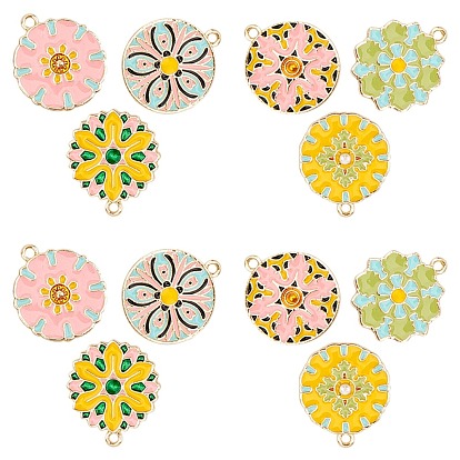 Golden Plated Alloy Enamel Pendants, Baroque Style, Flat Round with Flower, Mixed Color