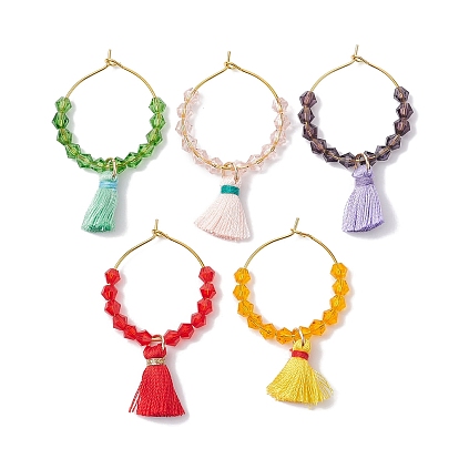 Nylon Tassels Wine Glass Charms, with Glass Imitation Austrian Crystal Beads and Brass Charm Ring