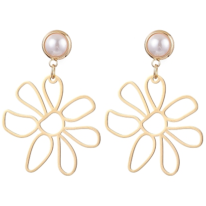 Латунь серьги, с пластиковой имитацией жемчуга и 201 цветком из нержавеющей стали