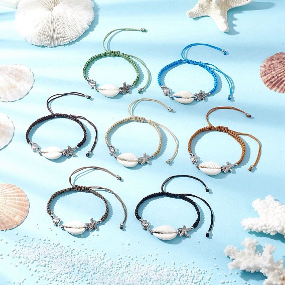 7шт 7 цвета натуральные плетеные браслеты из ракушек каури для женщин, черепаха и морская звезда, с нейлоновой нитью и бусинами из сплава в тибетском стиле