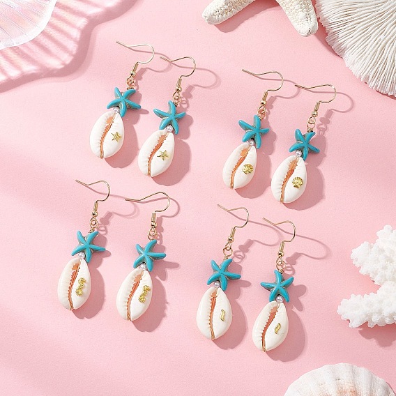 Серьги-подвески из натуральных смешанных ракушек каури, морская звезда, с синтетической бирюзой и искусственным жемчугом из АБС-пластика, а также фурнитурой для сережек из сплава и нержавеющей стали