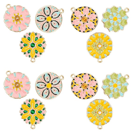 Golden Plated Alloy Enamel Pendants, Baroque Style, Flat Round with Flower, Mixed Color