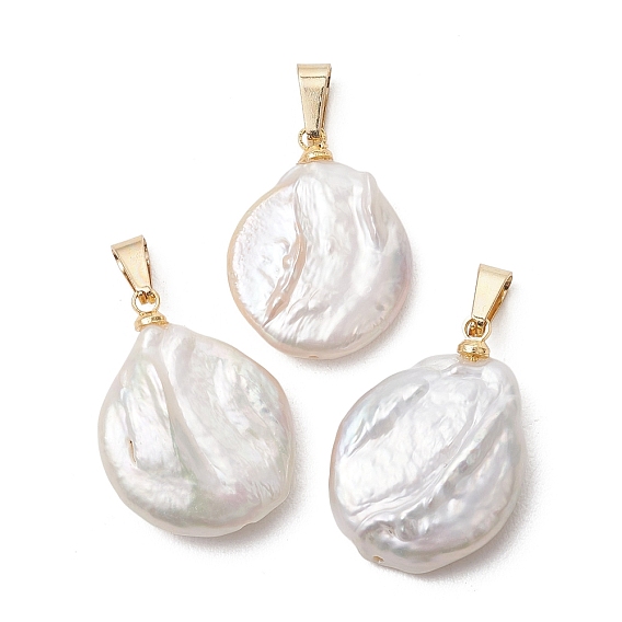 Подвески из натурального барочного жемчуга кеши, Подвески в виде монет с 304 защелкивающимися креплениями из нержавеющей стали, белые