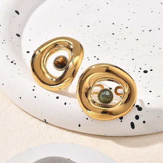 Кольца из натурального драгоценного камня, овальные 304 открытые манжеты из нержавеющей стали для женщин, реальный 18 k позолоченный