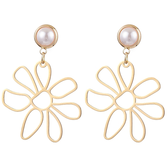 Латунь серьги, с пластиковой имитацией жемчуга и 201 цветком из нержавеющей стали