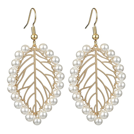 Shell Pearl Dangle Earrings, Brass Hollow Leaf Drop Earrings
