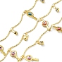 Brass Curved Bar Link Chains, with Glass & Colorful Enamel Key with Evil Eye Charms, Soldered, with Spool
