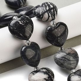 Natural Black Netstone Beads Strands, Heart, with Seed Beads