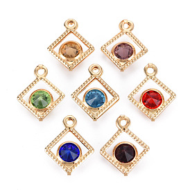 Rack Plating Eco-Friendly Iron Pendants, with Rhinestone, Cadmium Free & Nickel Free & Lead Free, Light Gold, Rhombus