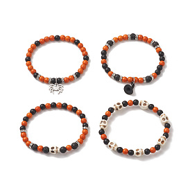 4Pcs 4 Style Dyed Natural & Synthetic Mixed Gemstone Skull Beaded Stretch Bracelets Set, Spider & Witch Hat Alloy Charms Stackable Bracelets for Halloween