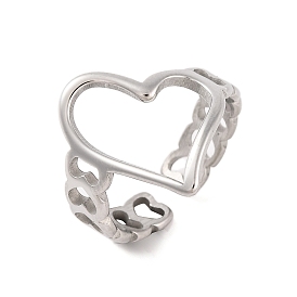 304 Stainless Steel Hollow Heart Open Cuff Finger Rings for Women