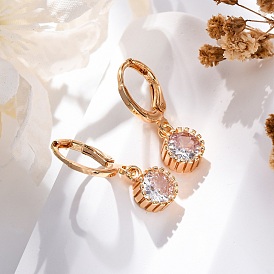 Brass Micro Pave Clear Cubic Zirconia Leverback Earrings, Rack Plating, Long-Lasting Plated, Lead Free & Cadmium Free, Flat Round