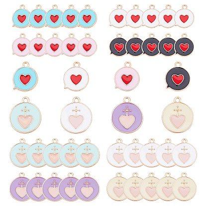 48 шт 8 стиль легкие позолоченные подвески из сплава с эмалью, плоский круглый с сердцем и плоский круглый с сердцем